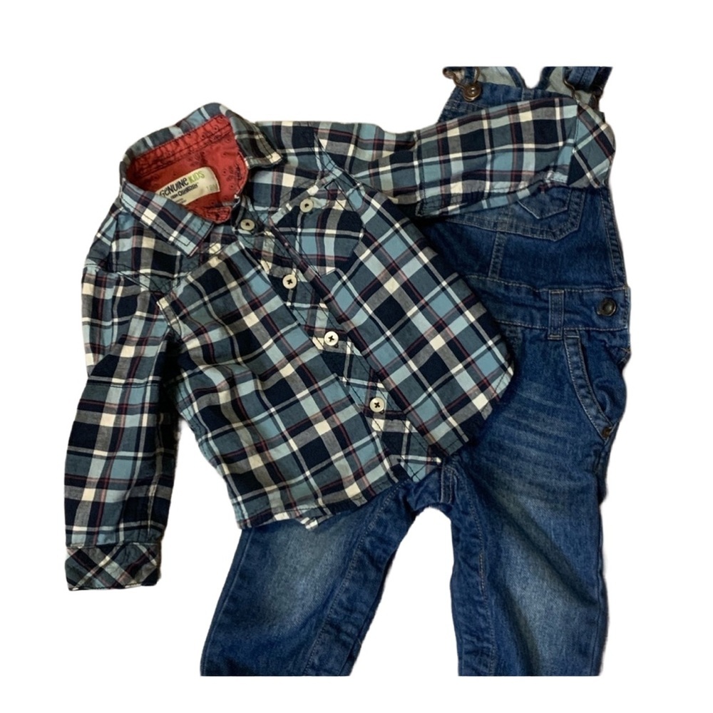 💙 Vintage 18M Denim Overalls & Plaid Shirt Set – Retro Baby Outfit 💙